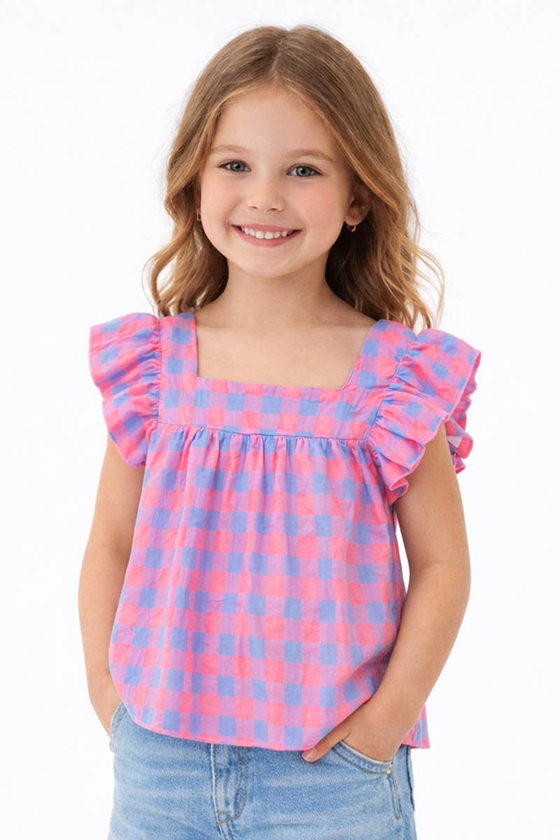 GKT-18004B Girl's Checker Fashion Top w/ Square Neckline: Pink Blue Checker / M8/10
