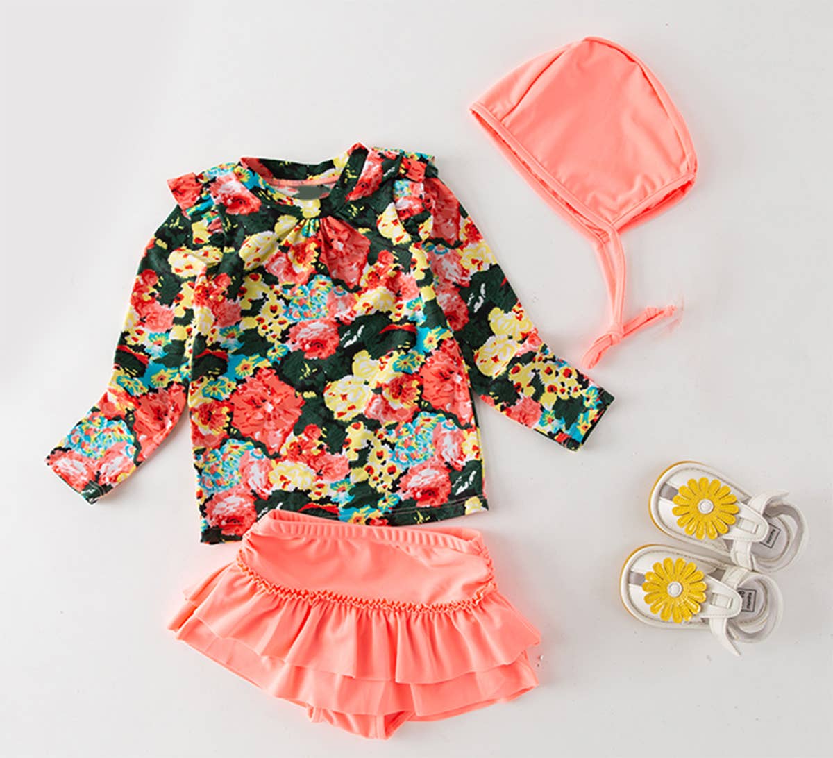 Peach Floral 3pcs Girl Swimwear Set: 4T