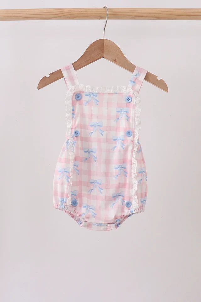 Pink Gingham Bow Print Lace Bubble