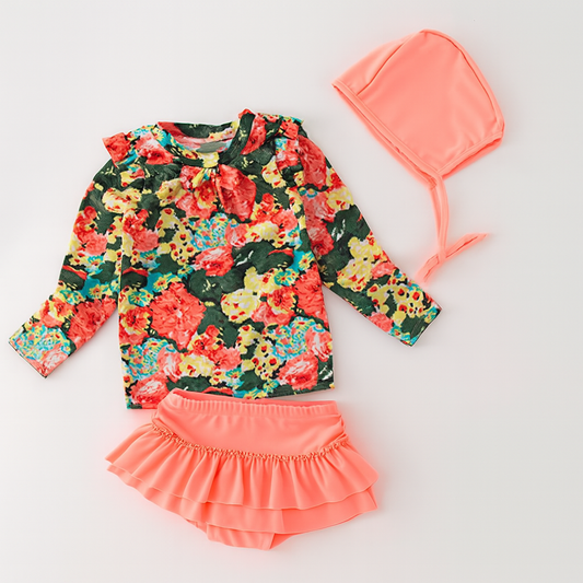 Peach Floral 3pcs Girl Swimwear Set: 5T