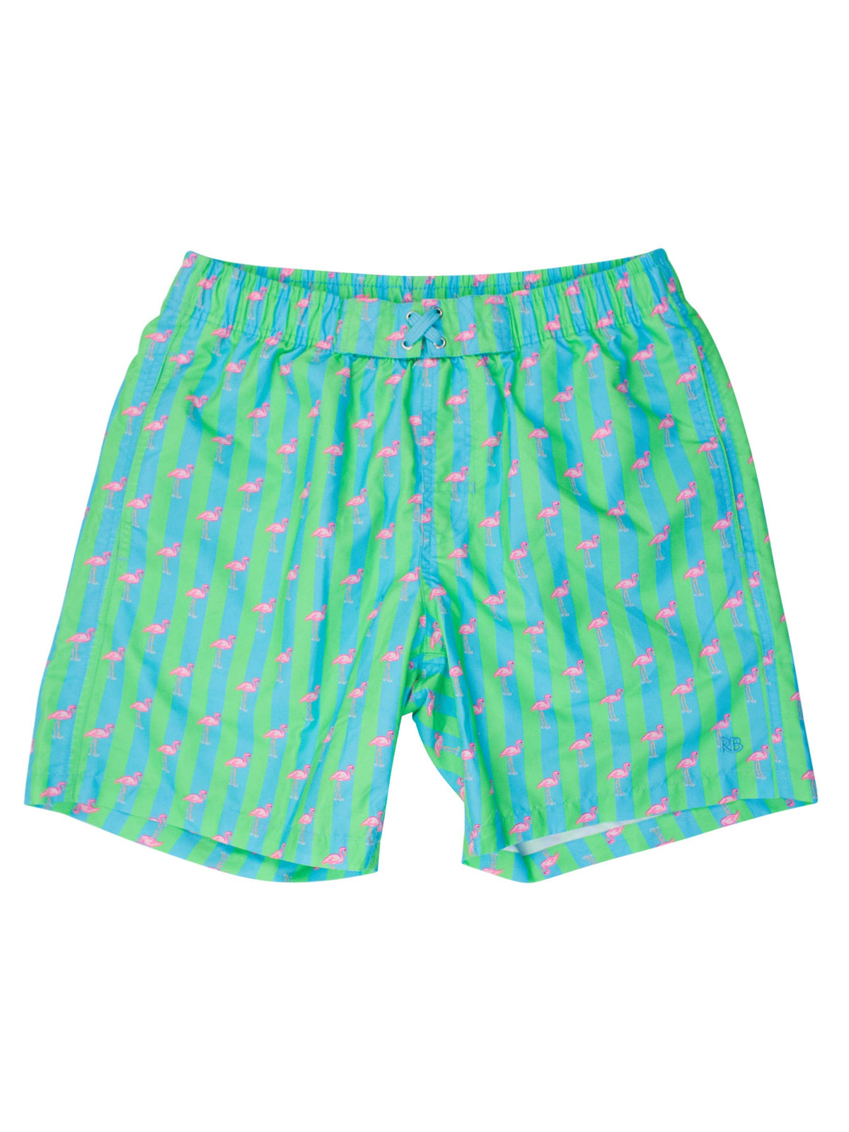 Men's Neon Flamingo Stripe Swim Trunks: Green / Men's XL