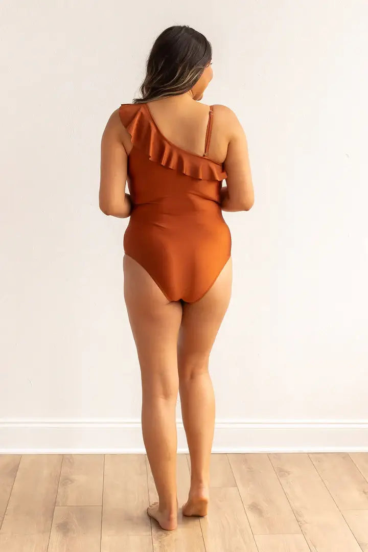 The Serena Rust Off The Shoulder One Piece With Ruffle: Rust / Small