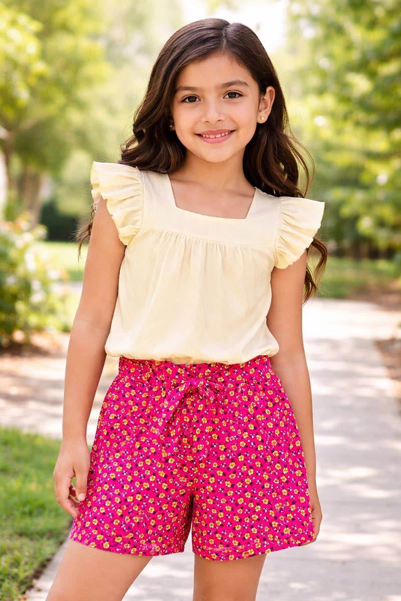 GKSS-3303B-Q201 Girl's 2 pc Floral Short Set w/ Ribbed Top: Creme/Fuchsia Floral / S6/7