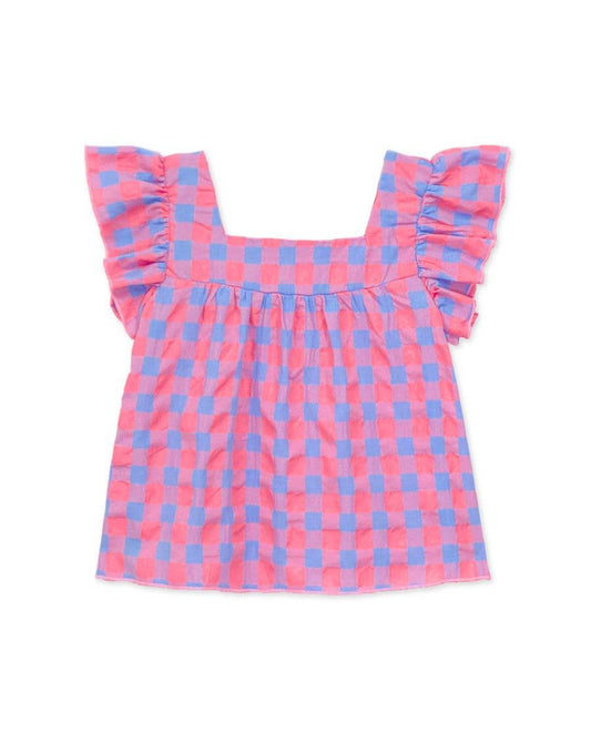 GKT-18004B Girl's Checker Fashion Top w/ Square Neckline: Pink Blue Checker / S6/7