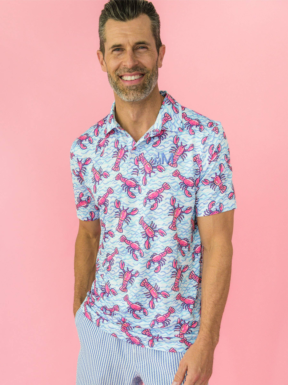 Men's Blue Lobster Lagoon Knit Short Sleeve Performance Polo: Blue / Men's XXL