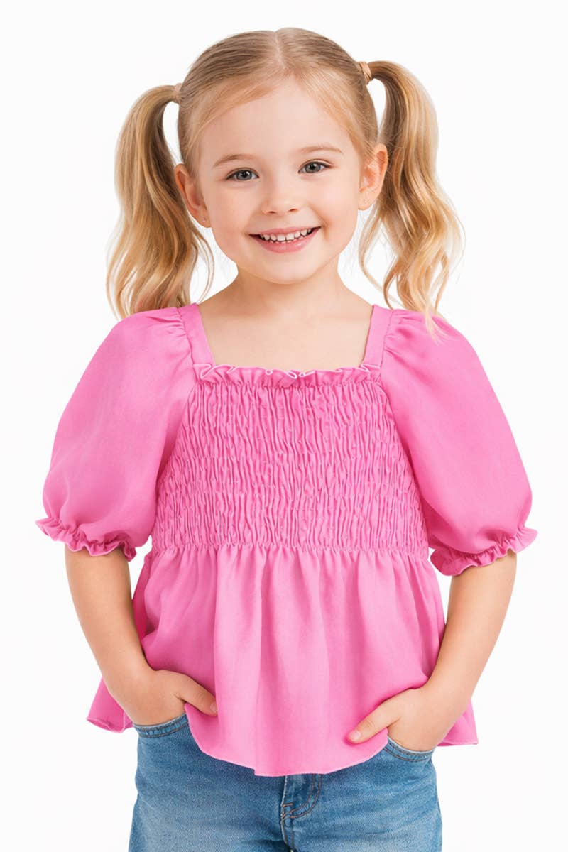 GKT-18002B-Q17 Girl's Fashion Top w/Smocking & Puff Sleeve: Pink #17 / M8/10