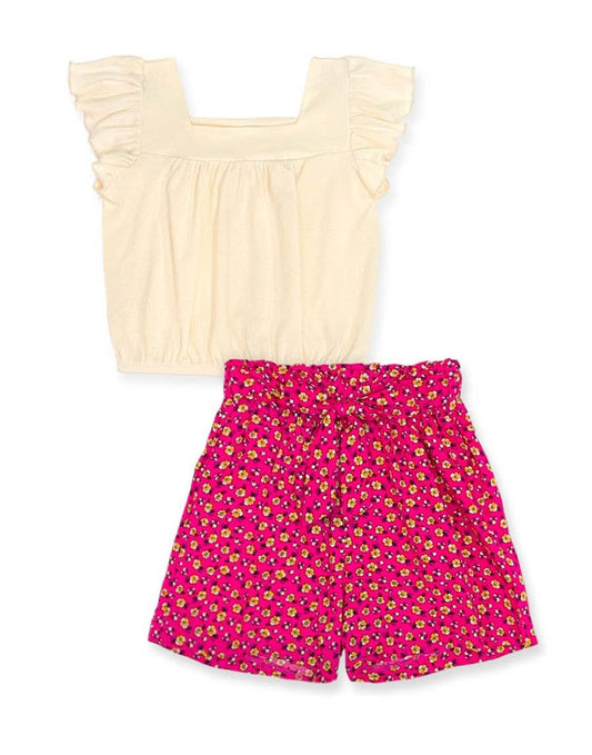 GKSS-3303B-Q201 Girl's 2 pc Floral Short Set w/ Ribbed Top: Creme/Fuchsia Floral / M8/10