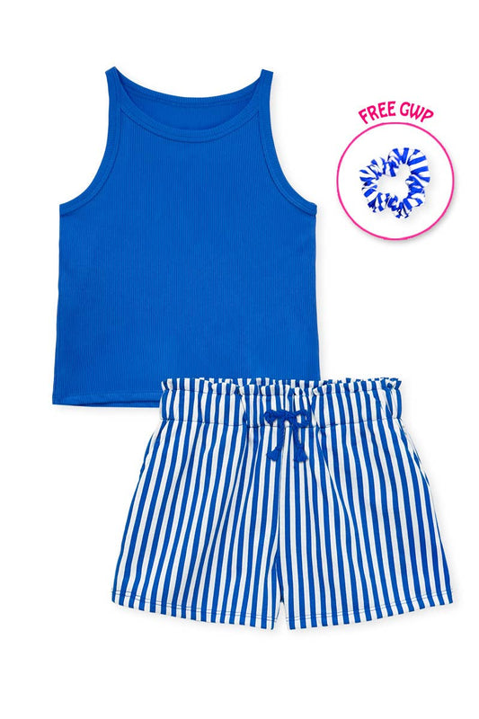 GKSS-Y26-38185 Girl's Stipe Short Set w/ Matching Scrunchie: Blue / 4
