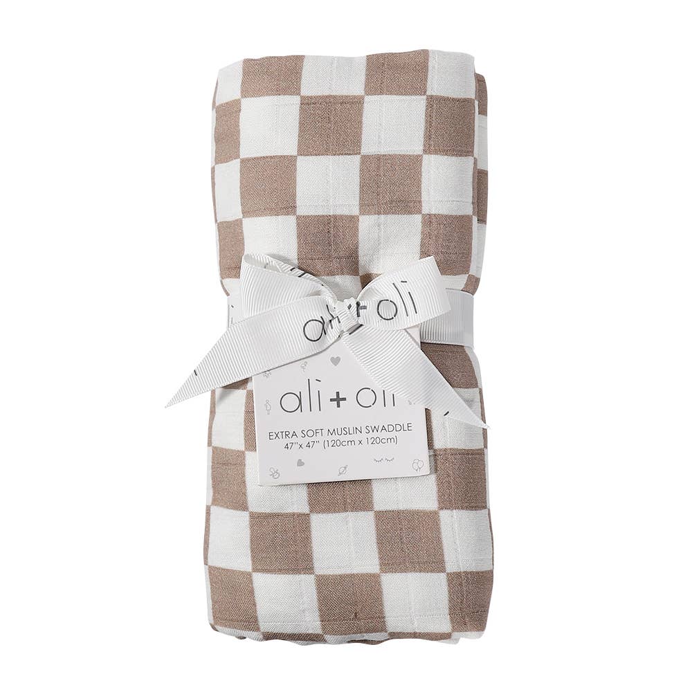 Bamboo Muslin Swaddle Baby Blanket (Mocha Checkers)