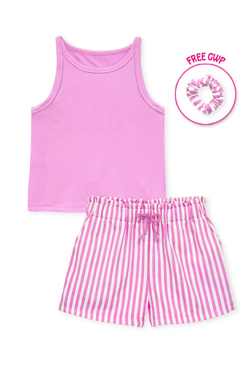 GKSS-Y26-38185 Girl's Stipe Short Set w/ Matching Scrunchie: Blue / 5