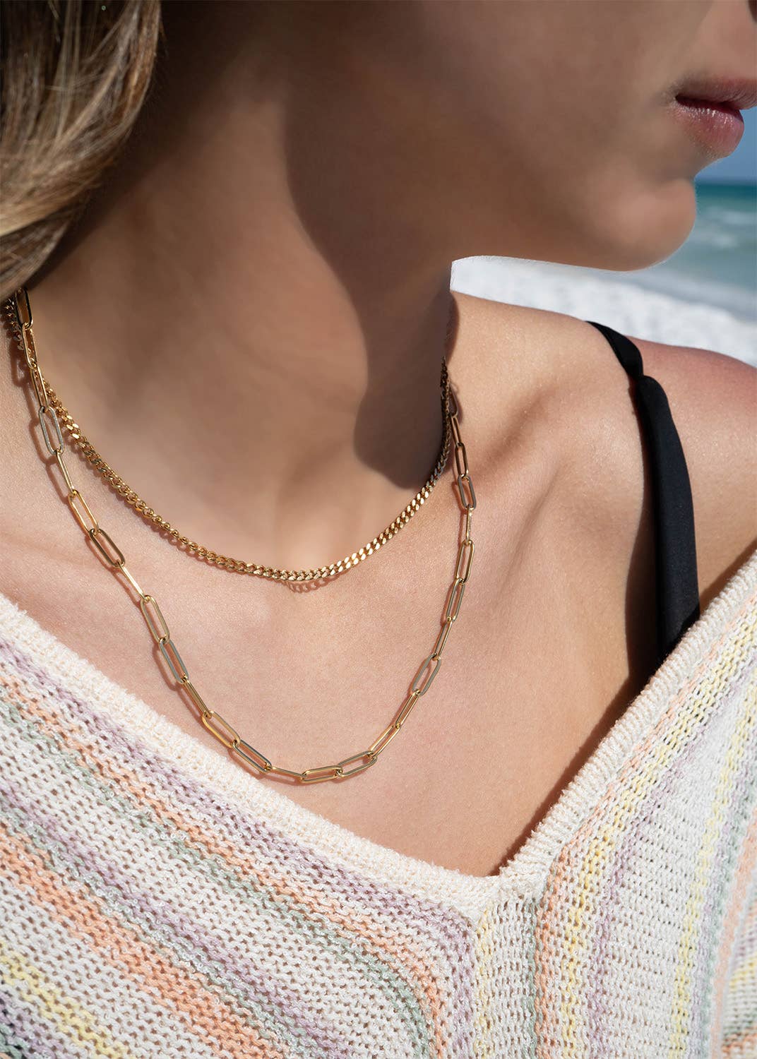 Paperclip Layered Chain Necklace 18K Gold PVD