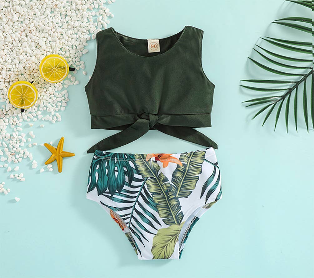 Green Tropical Toddler 2-Piece Little Girl Swimsuit Set: 2-3T