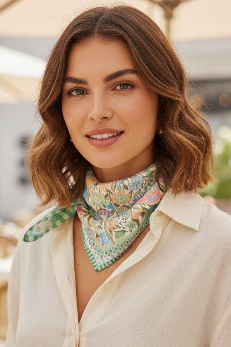 Sunlit Meadow Green Square Satin Scarf