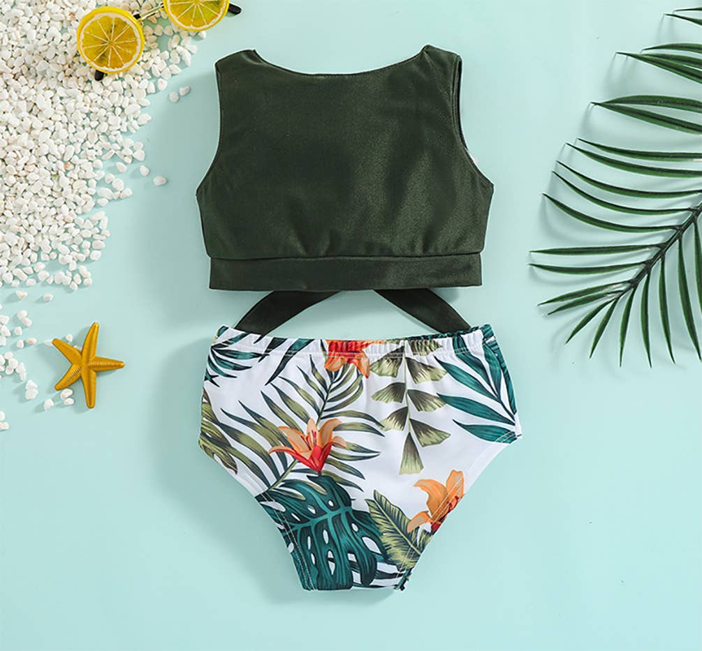 Green Tropical Toddler 2-Piece Little Girl Swimsuit Set: 3-4T