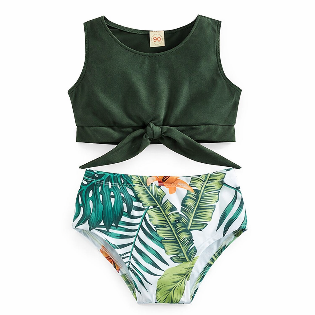 Green Tropical Toddler 2-Piece Little Girl Swimsuit Set: 1-2T