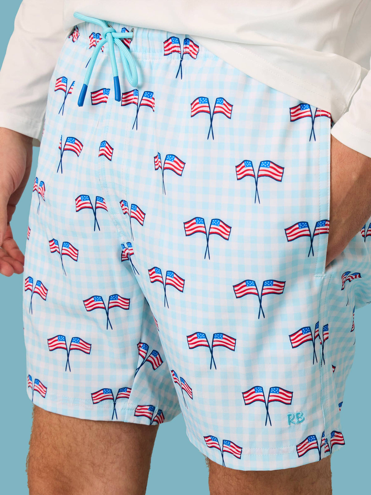 Men's Blue Patriotic Gingham Performance Hybrid Swim Trunks: Blue / Men's M
