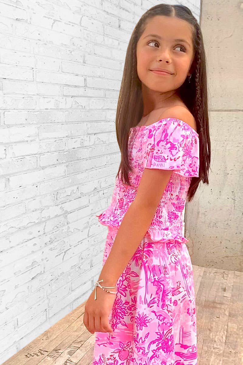 GKSS-3171B-Q74 Girl's 2 pcs Maxi Skirt Set w/ Smocking Top: Pink Coral Reef / M8/10