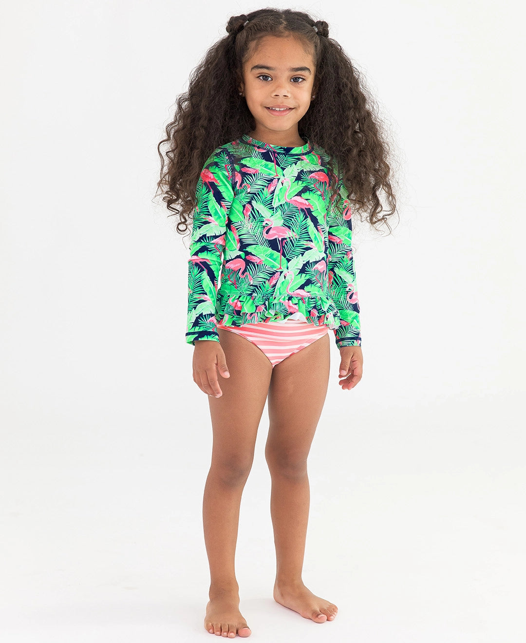 Flamingo Frenzy Ruffle Hem Rash Guard 2-piece