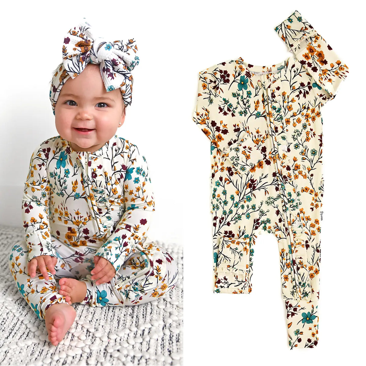 Maren Floral Ruffle Zip Bamboo Sleepies Little Baby Outfit
