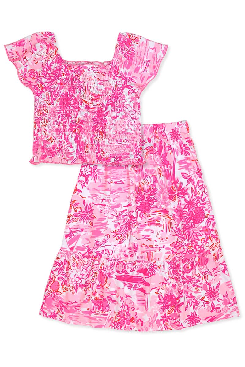 GKSS-3171B-Q74 Girl's 2 pcs Maxi Skirt Set w/ Smocking Top: Pink Coral Reef / S6/7
