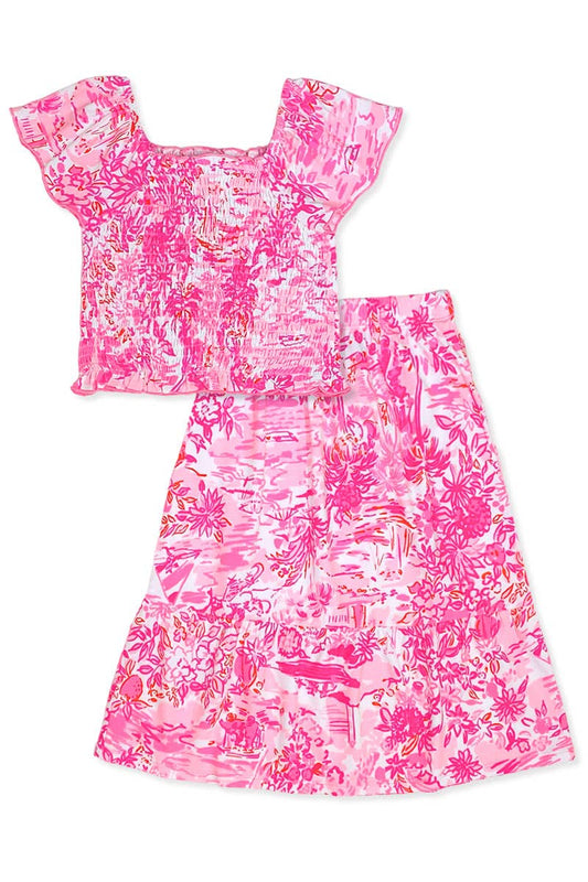 GKSS-3171B-Q74 Girl's 2 pcs Maxi Skirt Set w/ Smocking Top: Pink Coral Reef / L12/14