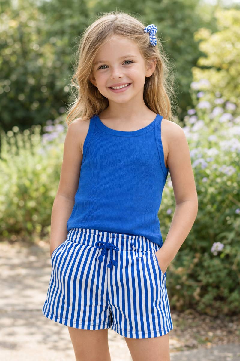 GKSS-Y26-38185 Girl's Stipe Short Set w/ Matching Scrunchie: Blue / 4