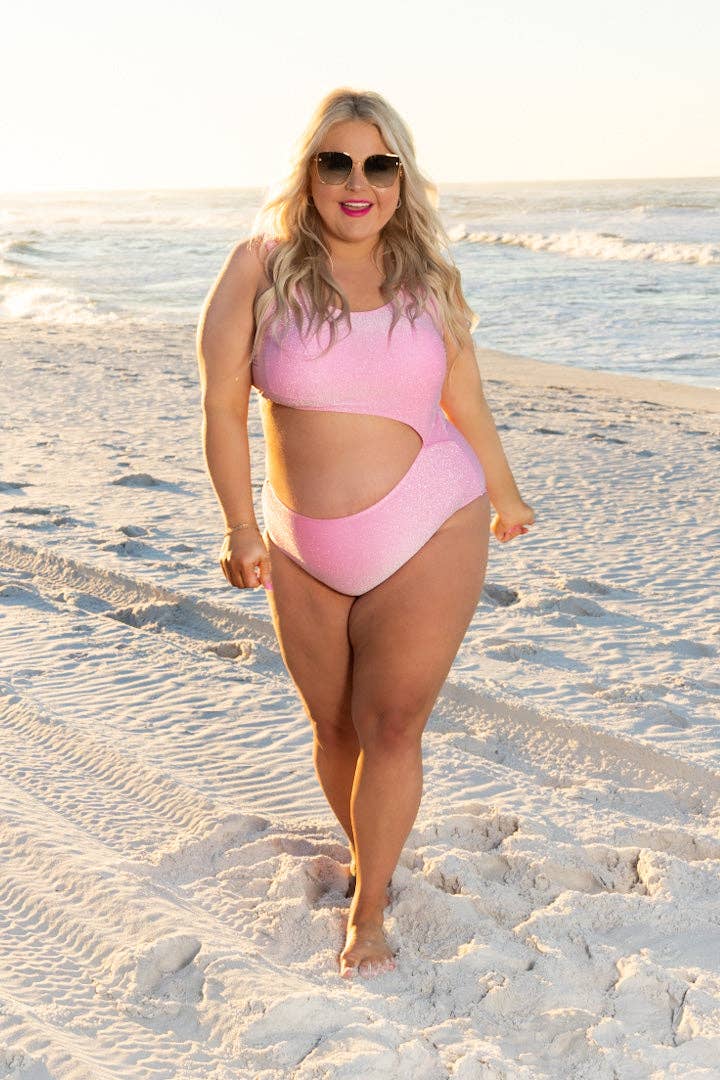 Pink Shimmer Side Cut One Piece Swimwear: Pink / Medium