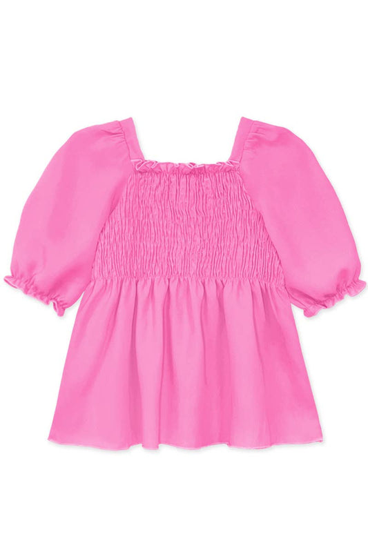 GKT-18002B-Q17 Girl's Fashion Top w/Smocking & Puff Sleeve: Pink #17 / S6/7