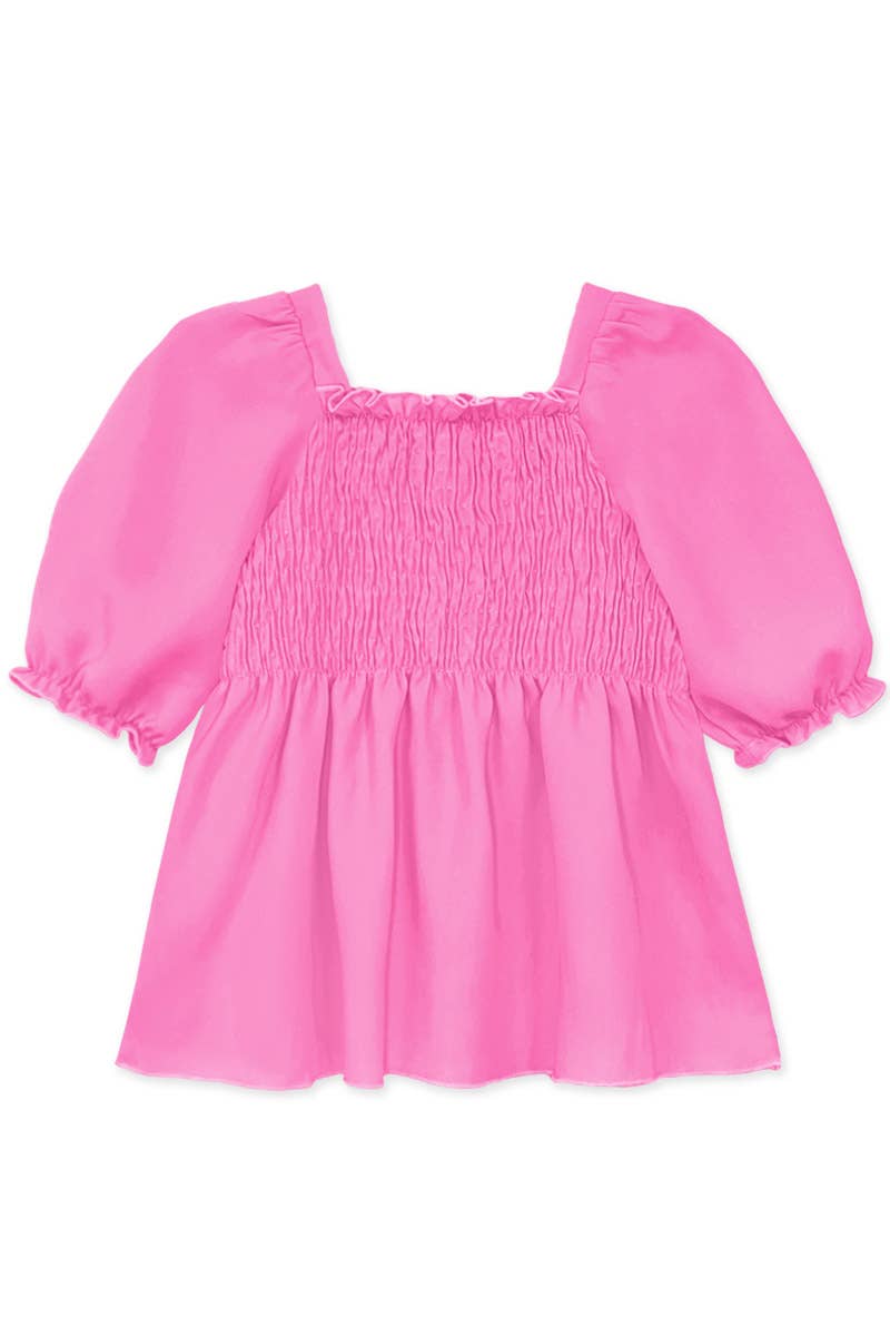 GKT-18002B-Q17 Girl's Fashion Top w/Smocking & Puff Sleeve: Pink #17 / L12/14